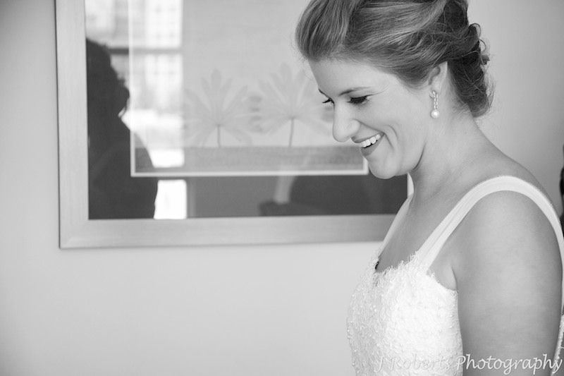 B&W of bride laughing - wedding photography sydney